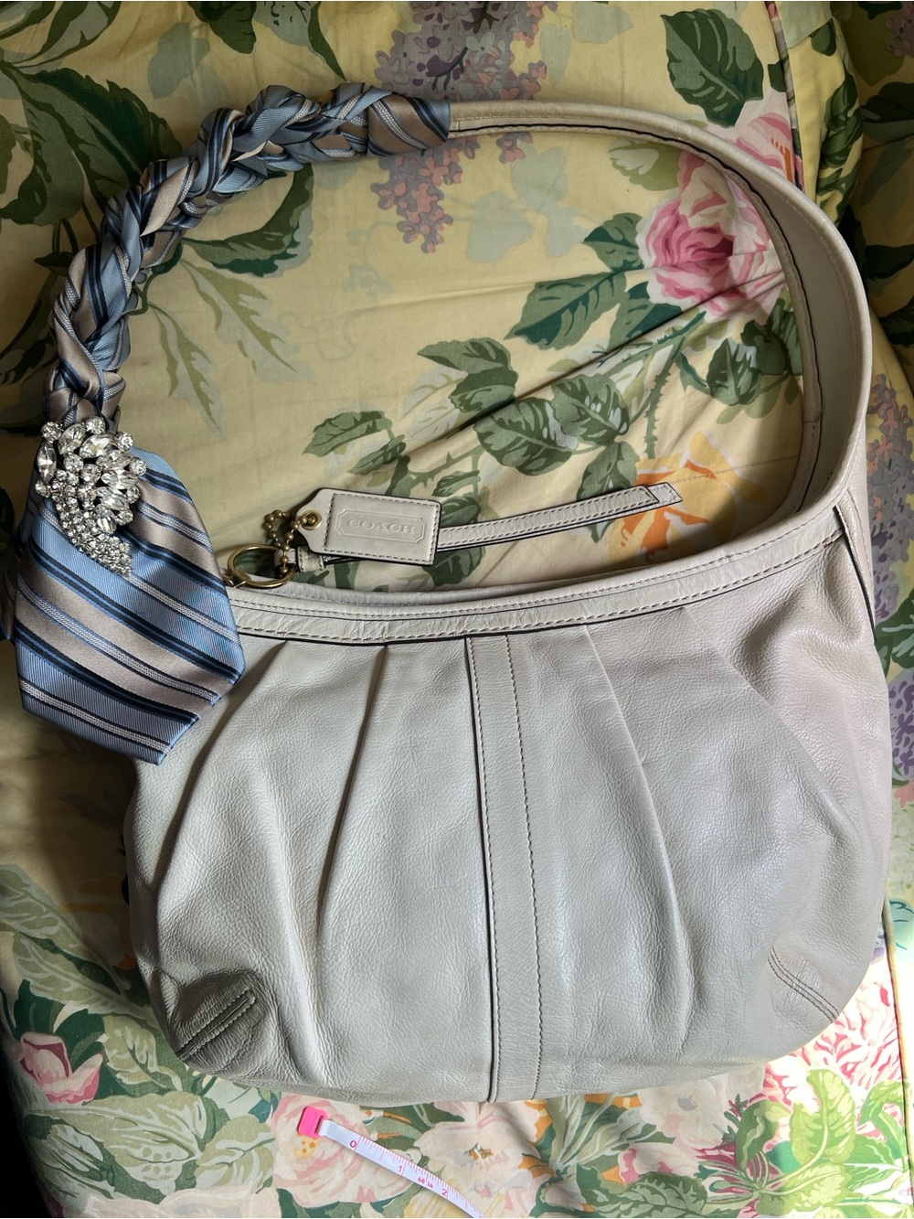 Coach Pebbled Leather Hobo in Light Gray with Braided Scarf Accent